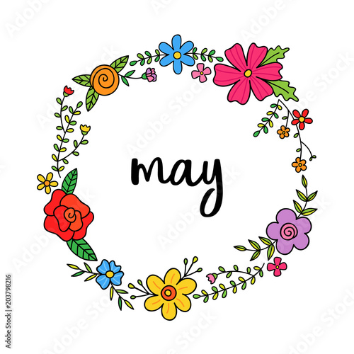May Spring Month Floral Colorful Wreath Vector Illustration