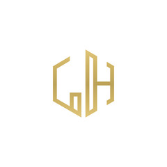 Initial letter LH, minimalist line art hexagon shape logo, gold color