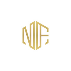 Initial letter NF, minimalist line art hexagon shape logo, gold color