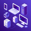Hosting data server, pc, laptop computer, smart watch, NAS, smartphone or mobile phone. Devices for business isometric vector illustration