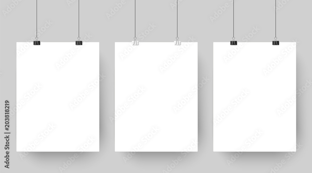 Empty affiche mockup hanging on paper clips. White blank advertising poster template casts shadow on gray background vector illustration - obrazy, fototapety, plakaty 
