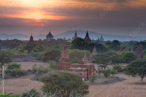 Bagan historic site during the sunrise, Myanmar Poster