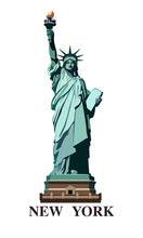 Statue Of Liberty USA. New York Is A Landmark. The Best Sets Of Presentation Templates.Bronze Sculpture.Green Logo On A White Background. Postcard And Flyer,American Symbol Vector Illustration EPS 10