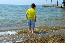 The Boy Walks With His Family On The Rocky Shore Of The Black Sea.