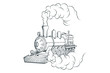 Old train logo. Locomotive drawing. Steam transport. Vector graphics to design.
