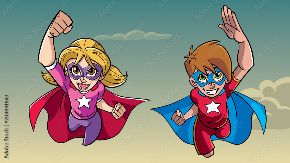 Illustration of happy super boy and super girl flying high in the sky ...