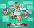 Isometric vector city infographic. Infochart isometric layout. City or town infographic template and elements. Vertical chart with icons and commercial and private building. Vector illustration