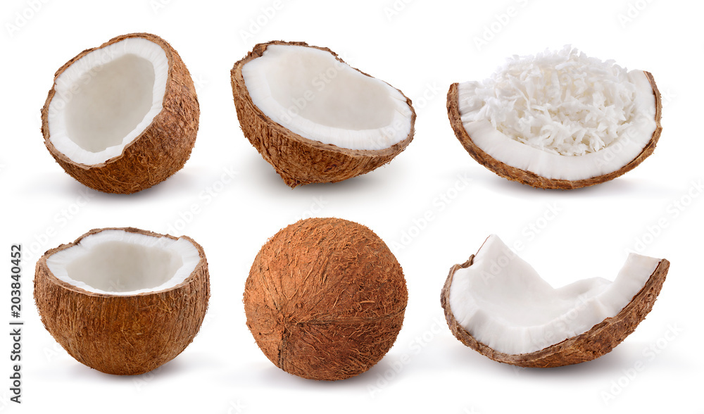 Coconuts isolated on white background. Collection. - obrazy, fototapety, plakaty 