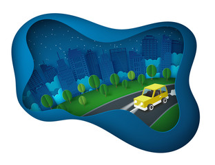 Wall Mural - Paper art background with yellow car escape from the night city. Fluffy paper clouds, trees, stars and scyscrapers. Vacation and travel concept. Paper cut deep style vector