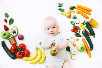 Healthy baby child nutrition, food background, top view.