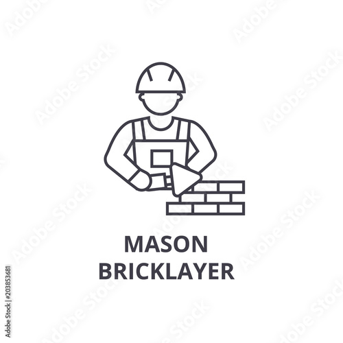 Fotomural mason bricklayer vector line icon, sign, illustration on white background, edita