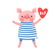 Greeting card with cute piglet. Sweet pig says hi. Vector illustration