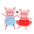 Couple of sweet piglets. Character design pig in ballet skirt and a hog in the vest. Vector illustration