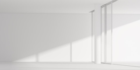 Fototapete - 3D stimulate of white room interior space and concrete floor with sun light cast rhythm of shadow on the wall,Perspective of minimal design architecture	