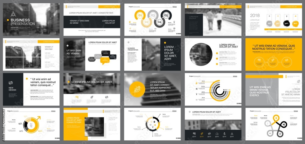 Grey and yellow consulting or planning concept infographics set - obrazy, fototapety, plakaty 