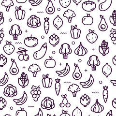 Fruit and vegetables. Organic food. Seamless pattern. Line icon. Outline stroke.