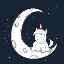 Cute Little Unicorn On The Moon Cartoon Hand Drawn Vector Illustration. Can Be Used For Baby T-shirt Print, Fashion Print Design, Kids Wear, Baby Shower Celebration, Greeting And Invitation Card.