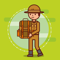 Poster - safari boy explorer holds backpack vector illustration