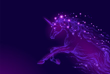 Purple Violet Glowing Horse Unicorn Riding Night Sky Star. Creative Decoration Magical Backdrop Shining Cosmos Space Horn Fairy Myth Moon Light Fantasy Background Vector Illustration
