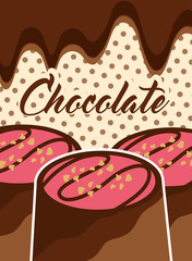 Sticker - chocolate dessert candies glazed chips melted polka dots background vector illustration