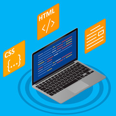 Programmer concept banner. Can use for web banner, infographics, images. Flat isometric vector illustration isolated on blue background.