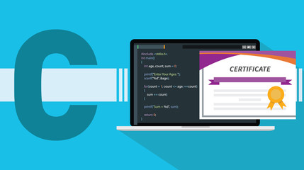 Wall Mural - c sharp programming language certificate with laptop and code script on screen