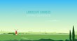 Horizontal background or banner template with spectacular rural landscape or natural scenery. Gorgeous countryside with windmill, field, road, trees, beautiful sky. Modern vector illustration.