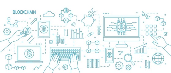 Wall Mural - horizontal monochorme banner with hands, computer, laptop, other electronic devices, bitcoin symbols