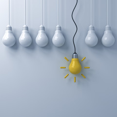Aufkleber - One hanging yellow idea bulb standing out from the dim unlit light bulbs on white wall background , Think different and individuality creative idea concepts . 3D rendering.