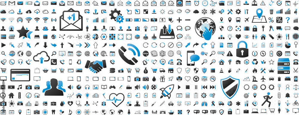 Black and blue web business technology icons set - obrazy, fototapety, plakaty 