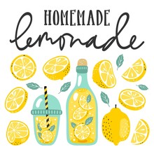Summer Set With Lemonade And It's Ingredients. Lemon, Lemon Slice, Mint And Hand Written Text.