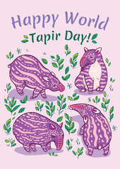 Wall Mural - Tapirs greeting card. Pink tapirs with light stripes in the leafs. Vector illustration