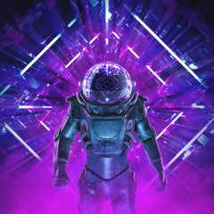 Poster - Entering the unknown / 3D illustration of science fiction scene showing dark mysterious astronaut inside neon lit kaleidoscopic space ship corridor