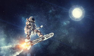 astronaut surfing dark sky. mixed media