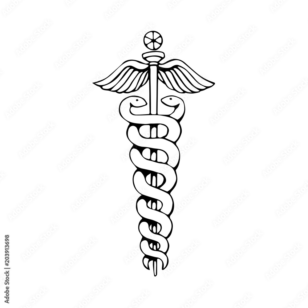 Caduceus medical symbol in black and white. Vector illustration. Stock ...