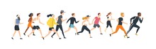 Men And Women Dressed In Sports Clothes Running Marathon Race. Participants Of Athletics Event Trying To Outrun Each Other. Flat Cartoon Characters Isolated On White Background. Vector Illustration.