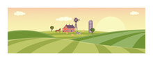 Rural Landscape With Farm Field With Green Grass, Trees. Farmland With House, Windmill And Livestock - Horse, Cow And Chickens. Outdoor Village Scenery, Farming Background. Vector Illustration