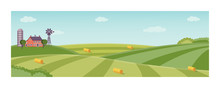 Rural Landscape With Farm Field With Green Grass, Trees. Farmland With House, Windmill And Hay Stacks . Outdoor Village Scenery, Farming Background. Vector Illustration