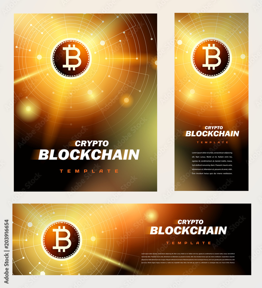 Blockchain cryptocurrency bitcoin theme. Set flyer, banner, roll up banner,  brochure design template 스톡 벡터 | Adobe Stock