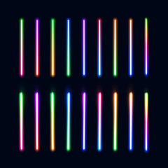 Wall Mural - neon lights tubes set. colorful glowing lines collection isolated on dark blue background. halogen o