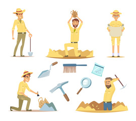 Canvas Print - Vector archaeologist characters at work. Cartoon mascots in action poses