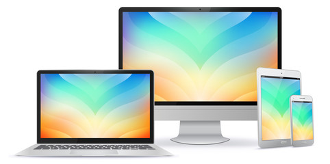 Wall Mural - computer monitor, laptop, tablet pc and mobile phone screen with colorful abstract background