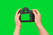 Female hands holding dslr camera with empty screen, isolated on green background