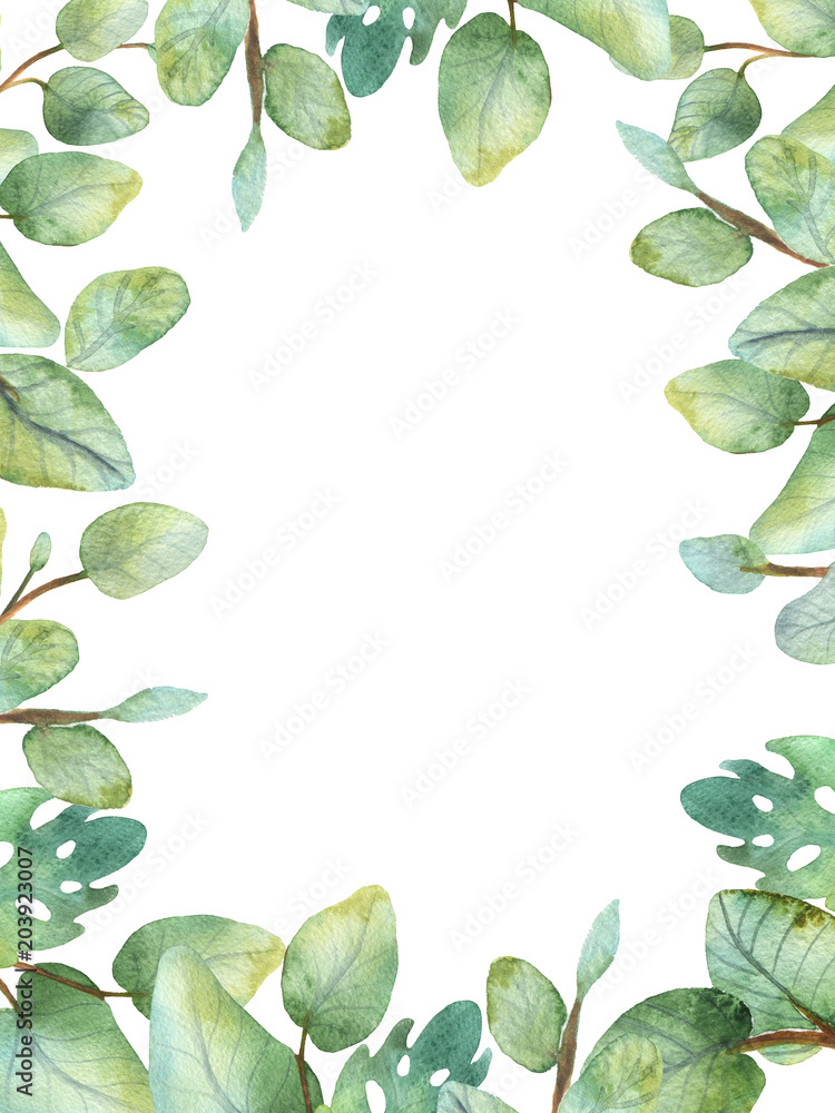 Watercolor green floral frame card with silver dollar eucalyptus round ...