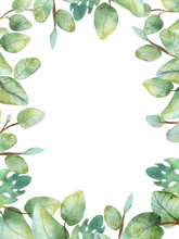 Watercolor Green Floral Frame Card With Silver Dollar Eucalyptus Round Leaves.