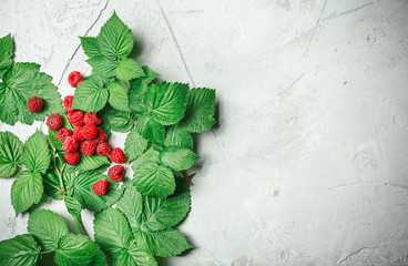 Wall Mural - Red fresh raspberries on white rustic wood background. Bowl with natural ripe organic berries with peduncles and green leaves on wooden table, top view with copy space