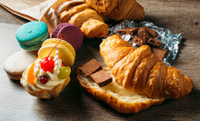 French Pastries, Desserts: Croissants, Macaroons, Cake, Chocolate