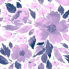 Wall Mural - Seamless watercolor floral pattern. Loose flowers painting in purple