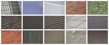 A Collage Of Many Pictures With Fragments Of Various Types Of Roofing Close Up. A Set Of Images With Roof Coating Textures
