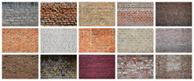 A Collage Of Many Pictures With Fragments Of Brick Walls Of Different Colors Close-up. Set Of Images With Varieties Of Brickwork